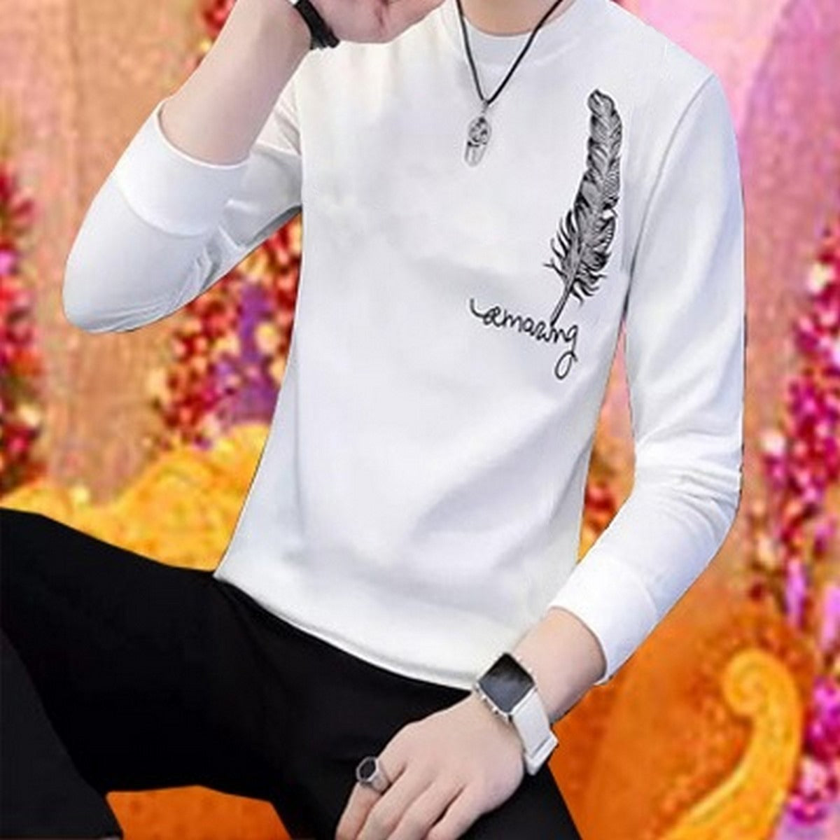 Men’s Stylish Leaf Print Full Sleeves T-shirt – Latest Designer Summer Collection | Premium Stitched Party & Casual Wear For Him – White