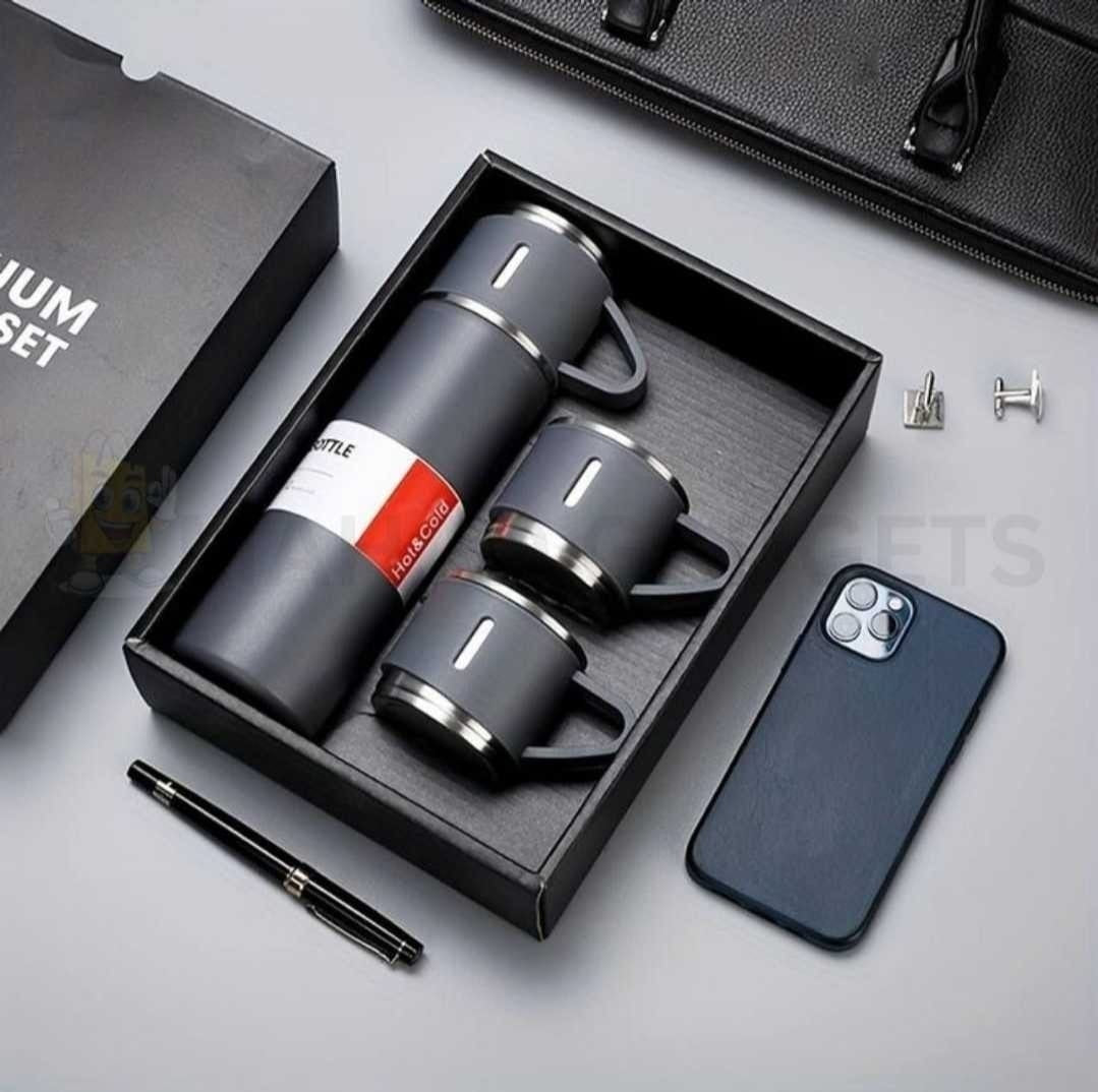 500ml Stainless Steel Vacuum Flask Water Bottle With 2 Extra Cups (160ml) – Thermal Bottle For Hot & Cold Drinks – 3-piece Travel Thermos Set
