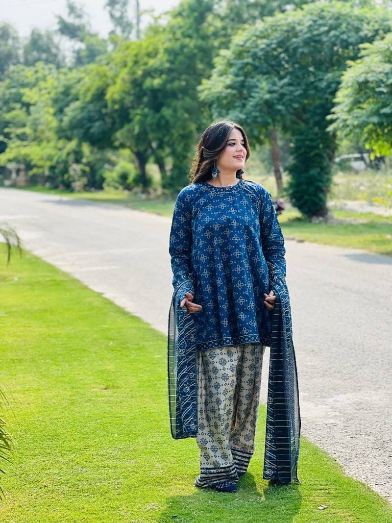 Uswa Zia 3 Piece Printed Swiss Lawn Suit – Blue, Stiched Suit (standard Size)