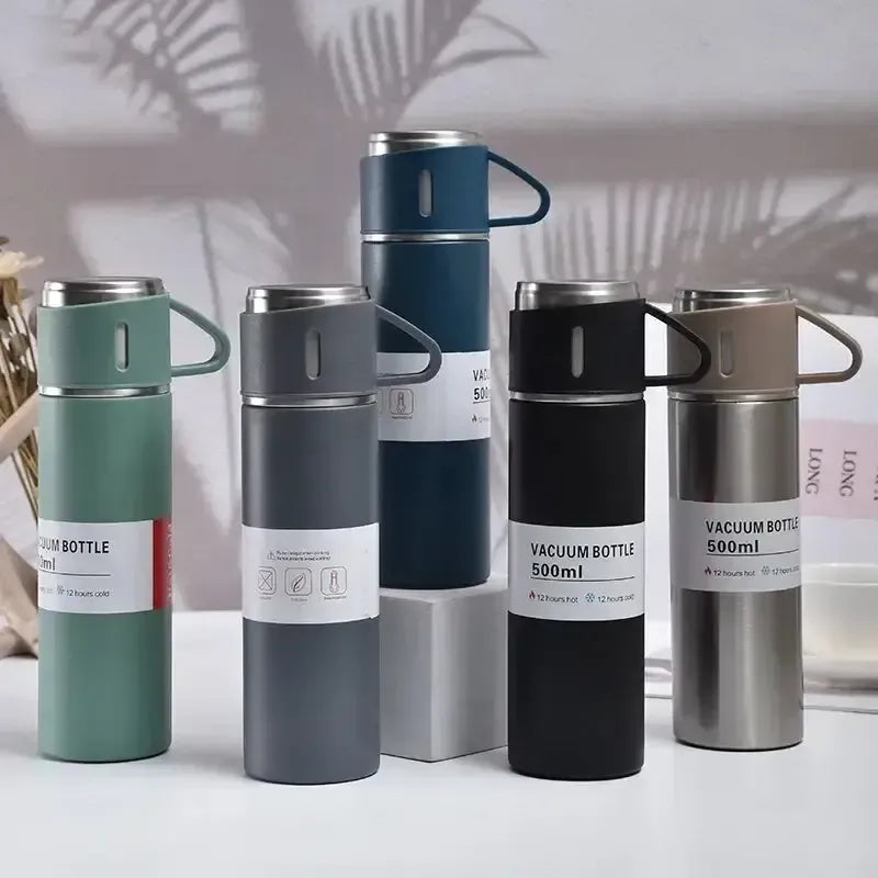 500ml Stainless Steel Vacuum Flask Water Bottle With 2 Extra Cups (160ml) – Thermal Bottle For Hot & Cold Drinks – 3-piece Travel Thermos Set
