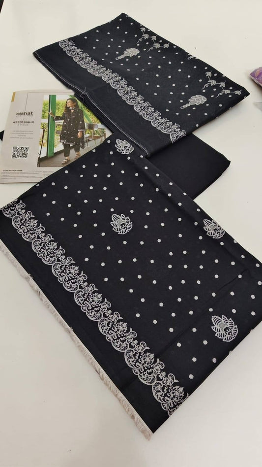 *Nishat 💯 original 3pc lawn suit* Digital printed lawn shirt 3meter Digital printed voil dupata 2.5 meter Plain dyed cambric lawn trouser Retail 5490 *Discounted price 3550/-*