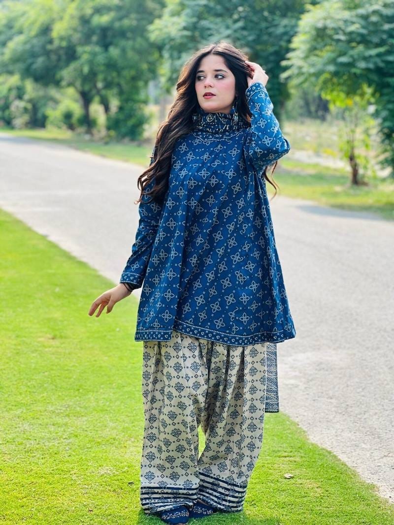 Uswa Zia 3 Piece Printed Swiss Lawn Suit – Blue, Stiched Suit (standard Size)