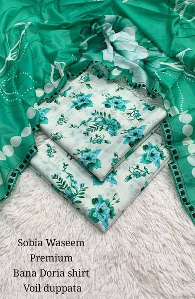 BRAND :*SOBIA WASEEM 💯 original 3pc suit* PRINTED BANA DORA  LAWN PRINTED ALLOVER SHIRT TROUSER PRINTED VOIL LAWN DUPATTA